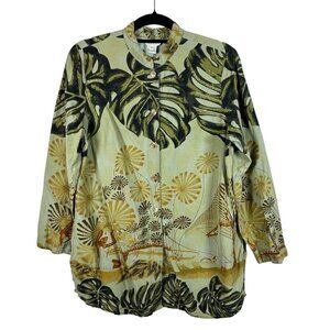 Citron  button down Silk Linen tropical hawaii print Women’s Sz Small 3/4 Sleeve